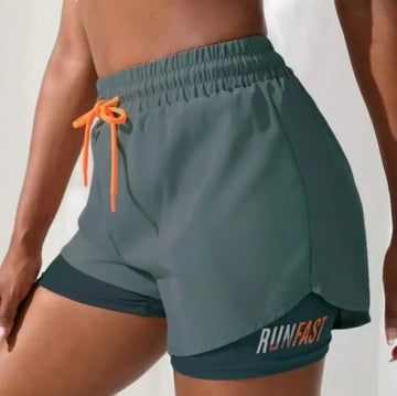 Shorts de ioga femininos de cintura alta com controle elástico de proximidade, shorts de corrida, imitação de calça de duas peças