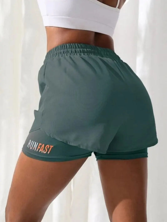 Shorts de ioga femininos de cintura alta com controle elástico de proximidade, shorts de corrida, imitação de calça de duas peças
